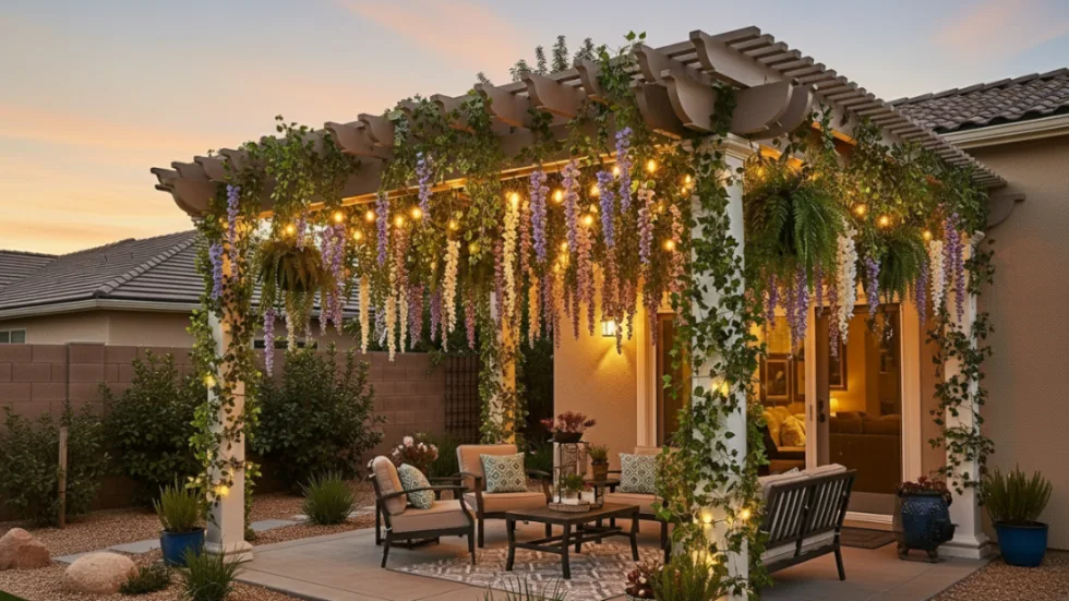 Pergola with Hanging Plants & Fairy Lights Ideas
