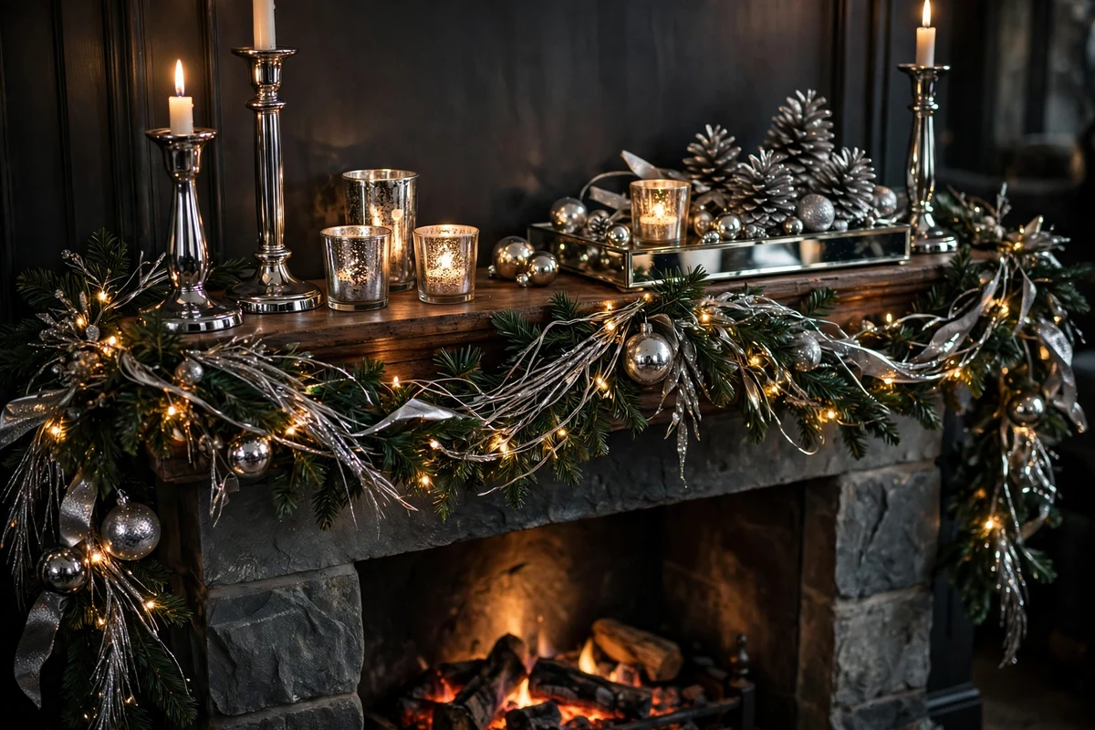 80s glam christmas decor ideas chrome accent maximalist mantel