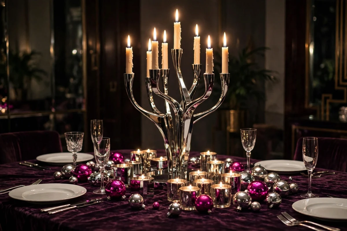 80s glam christmas decor ideas chrome candelabra tablescape