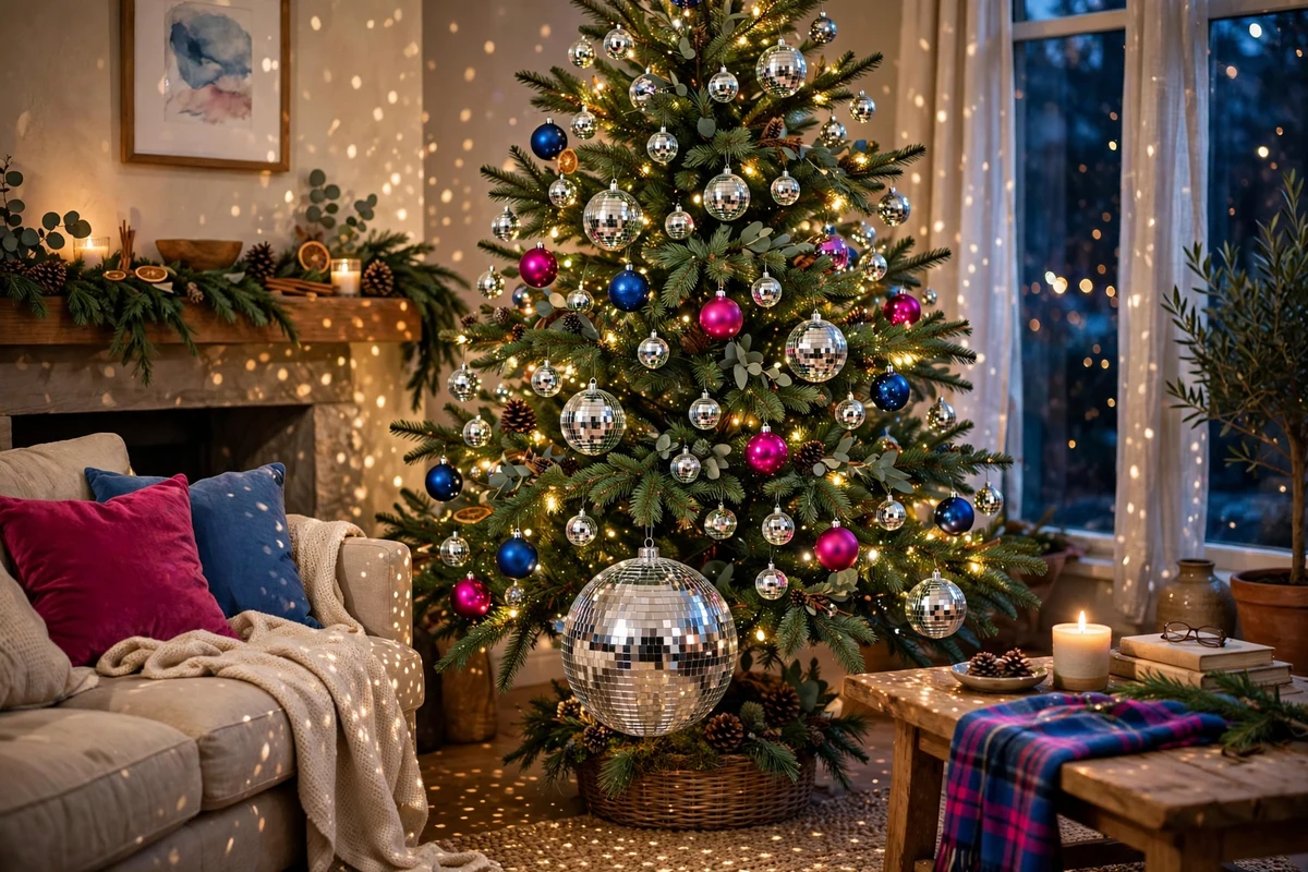 80s glam christmas decor ideas disco ball ornaments tree