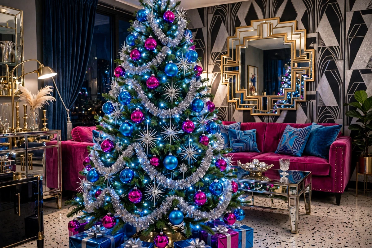 80s glam christmas decor ideas electric blue magenta tree