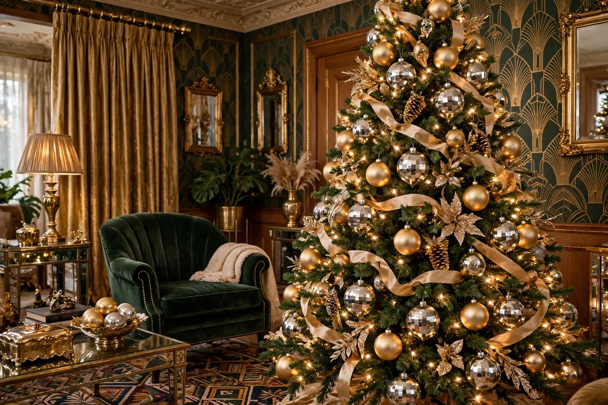 80s glam christmas decor ideas gold silver mixed metal tree