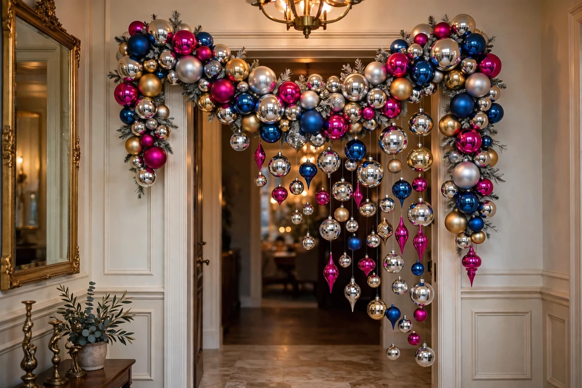 80s glam christmas decor ideas high shine bauble garland