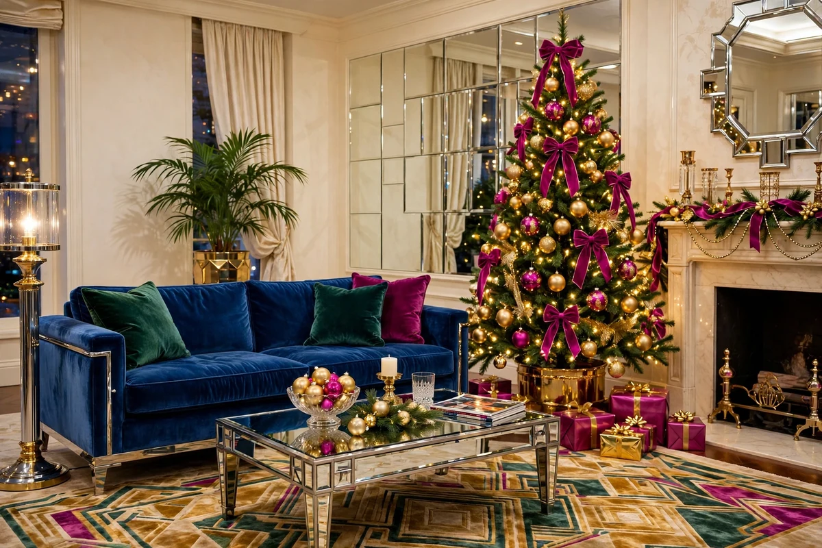 80s glam christmas decor ideas jewel tone christmas living room