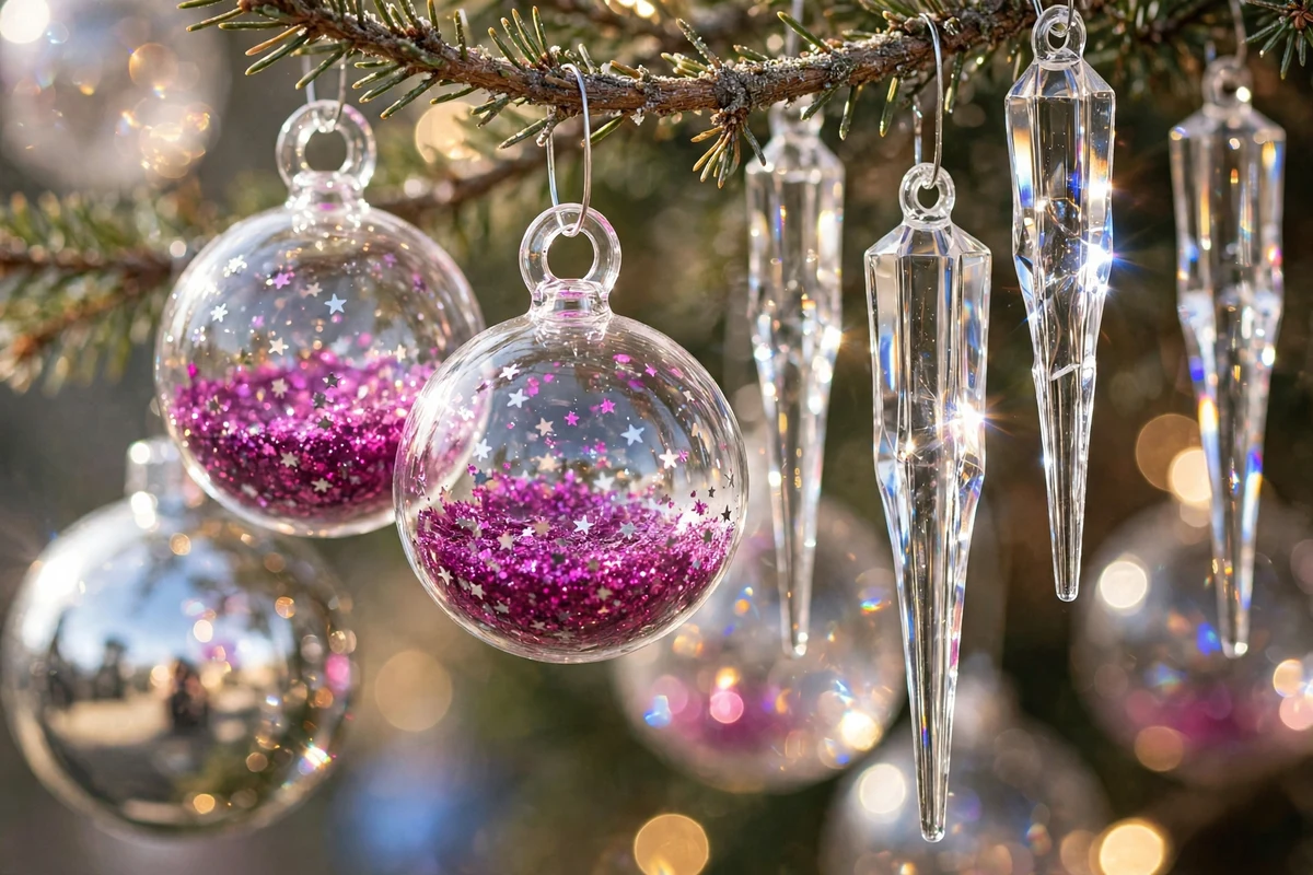 80s glam christmas decor ideas lucite acrylic ornaments