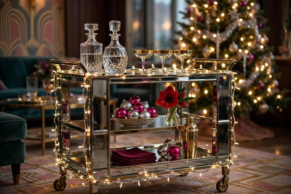 80s glam christmas decor ideas mirrored bar cart christmas