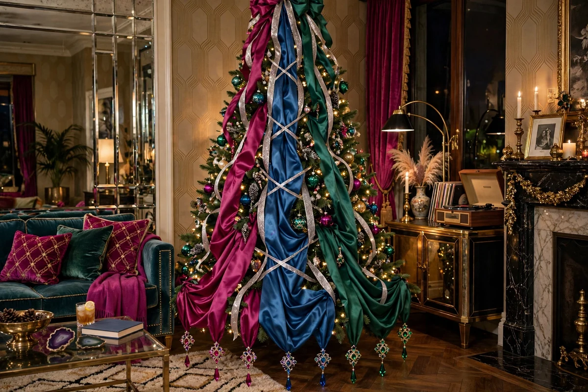80s glam christmas decor ideas satin ribbon cascade tree