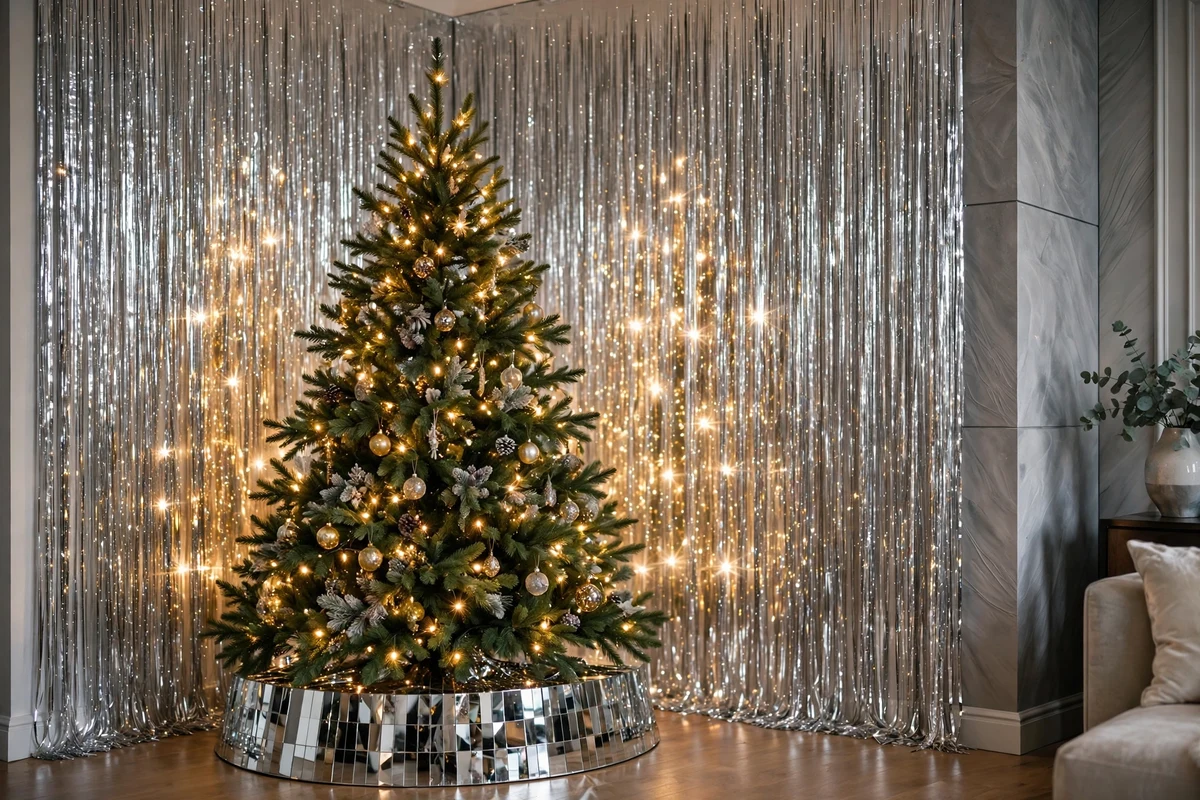 80s glam christmas decor ideas silver tinsel curtain backdrop