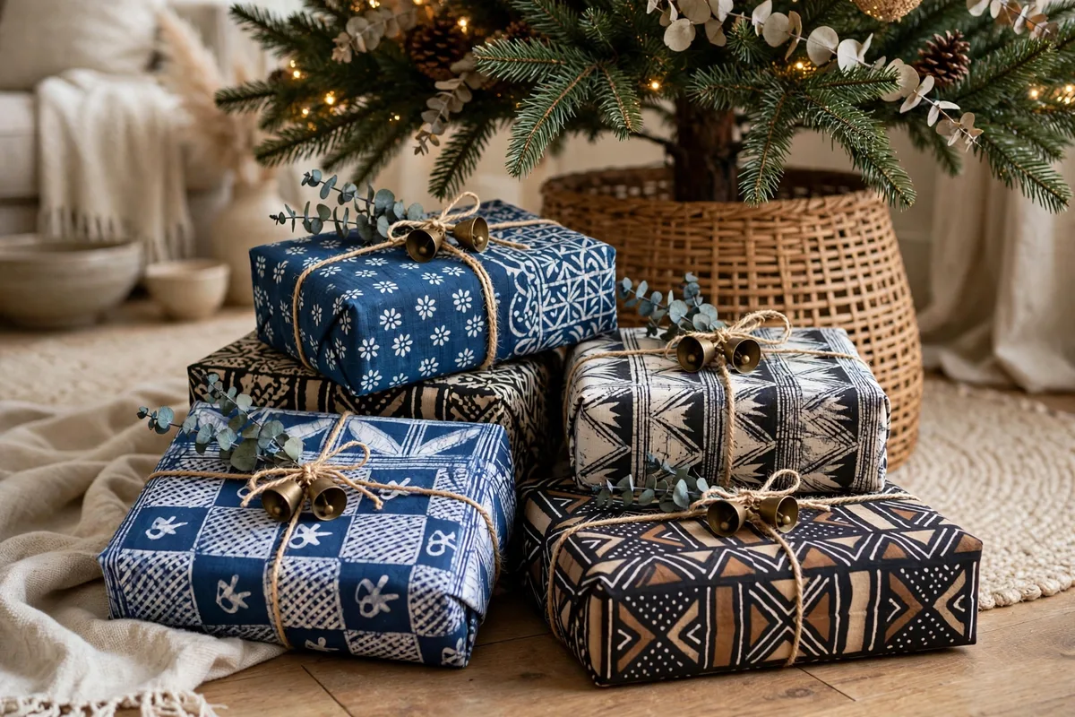 afrohemian christmas decor ideas adire fabric gift wrapping