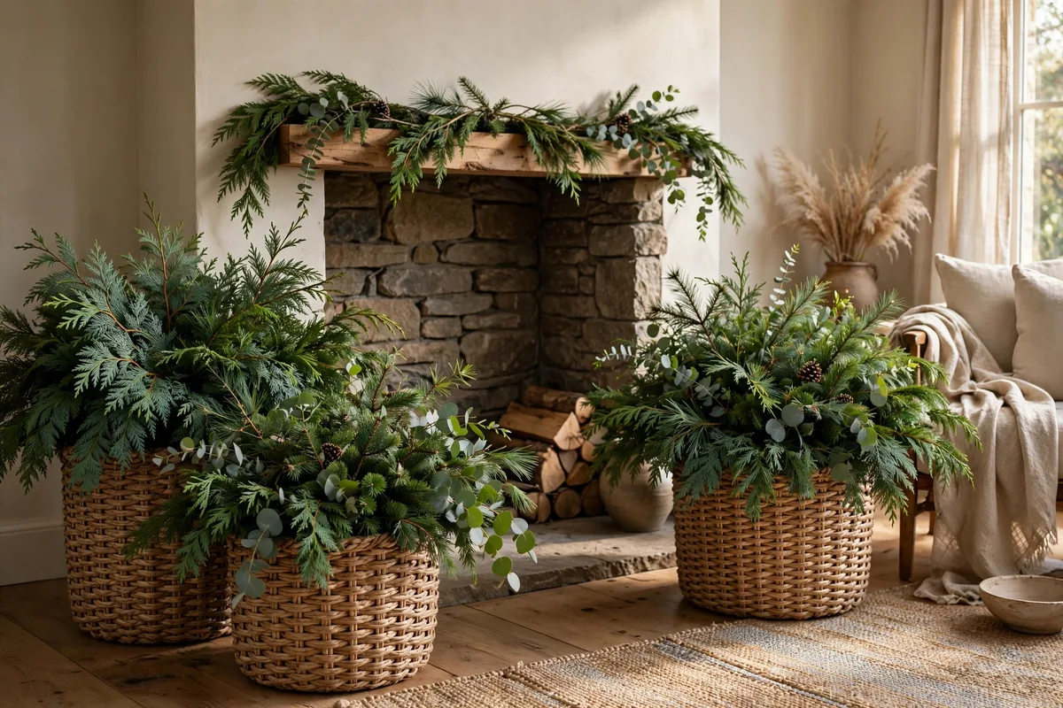 afrohemian christmas decor ideas basket planters greenery