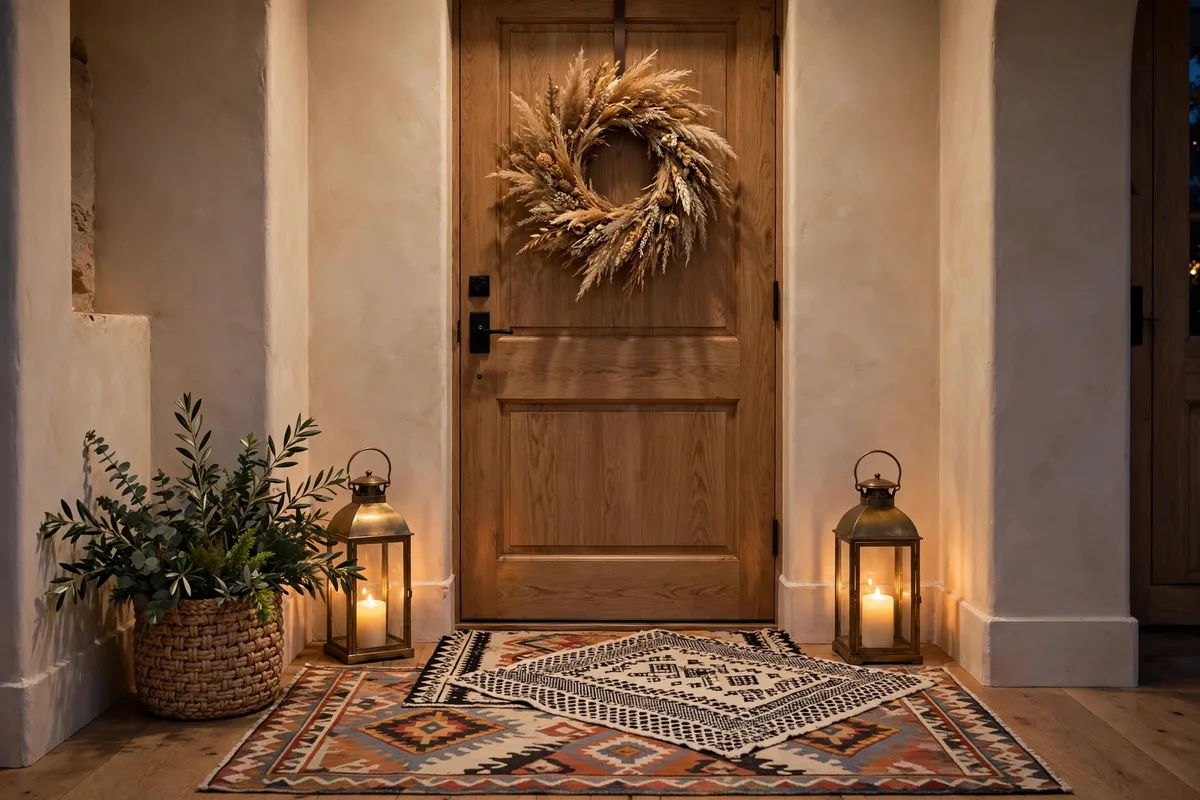 afrohemian christmas decor ideas entryway layered rugs lanterns