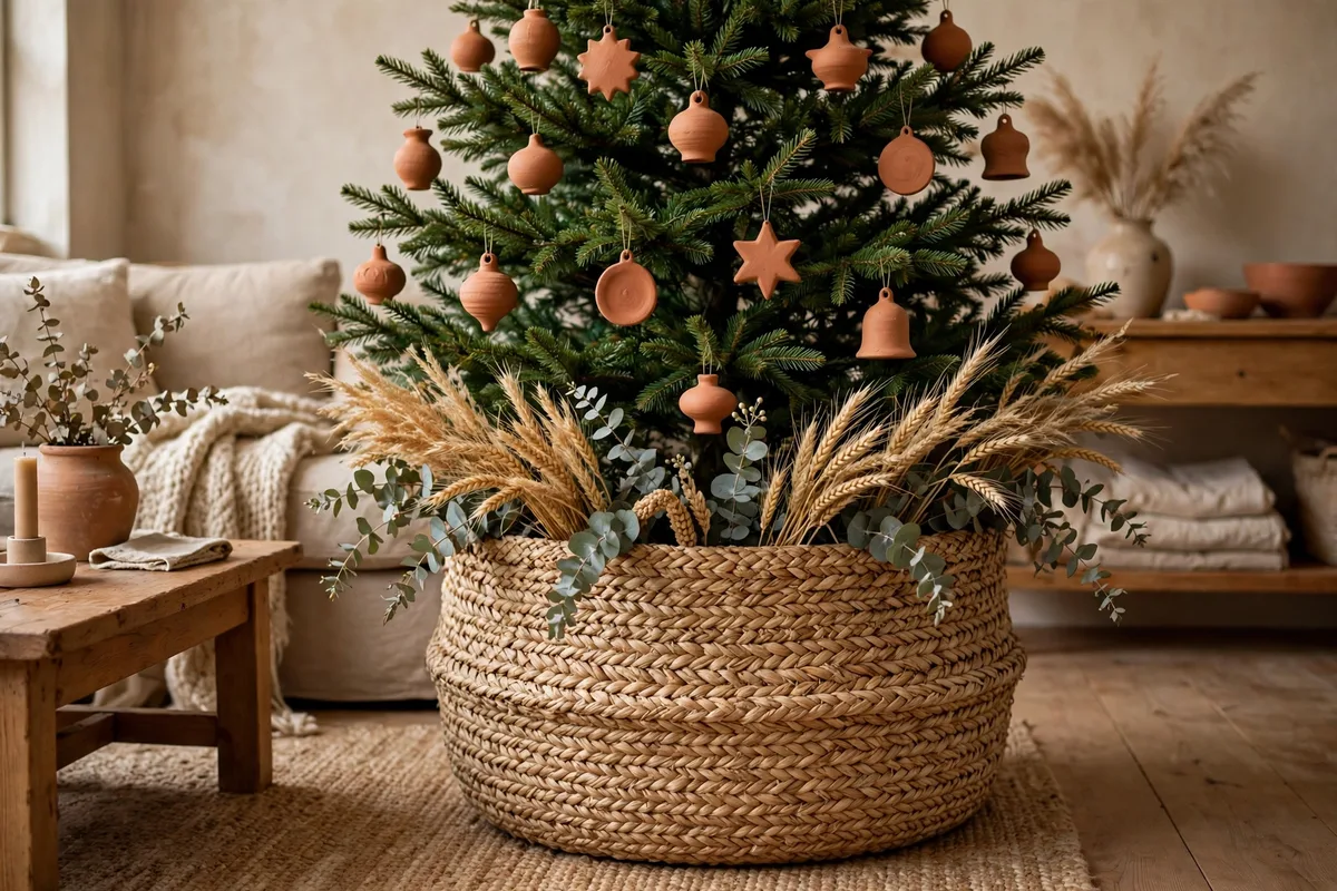 afrohemian christmas decor ideas handwoven basket christmas tree collar