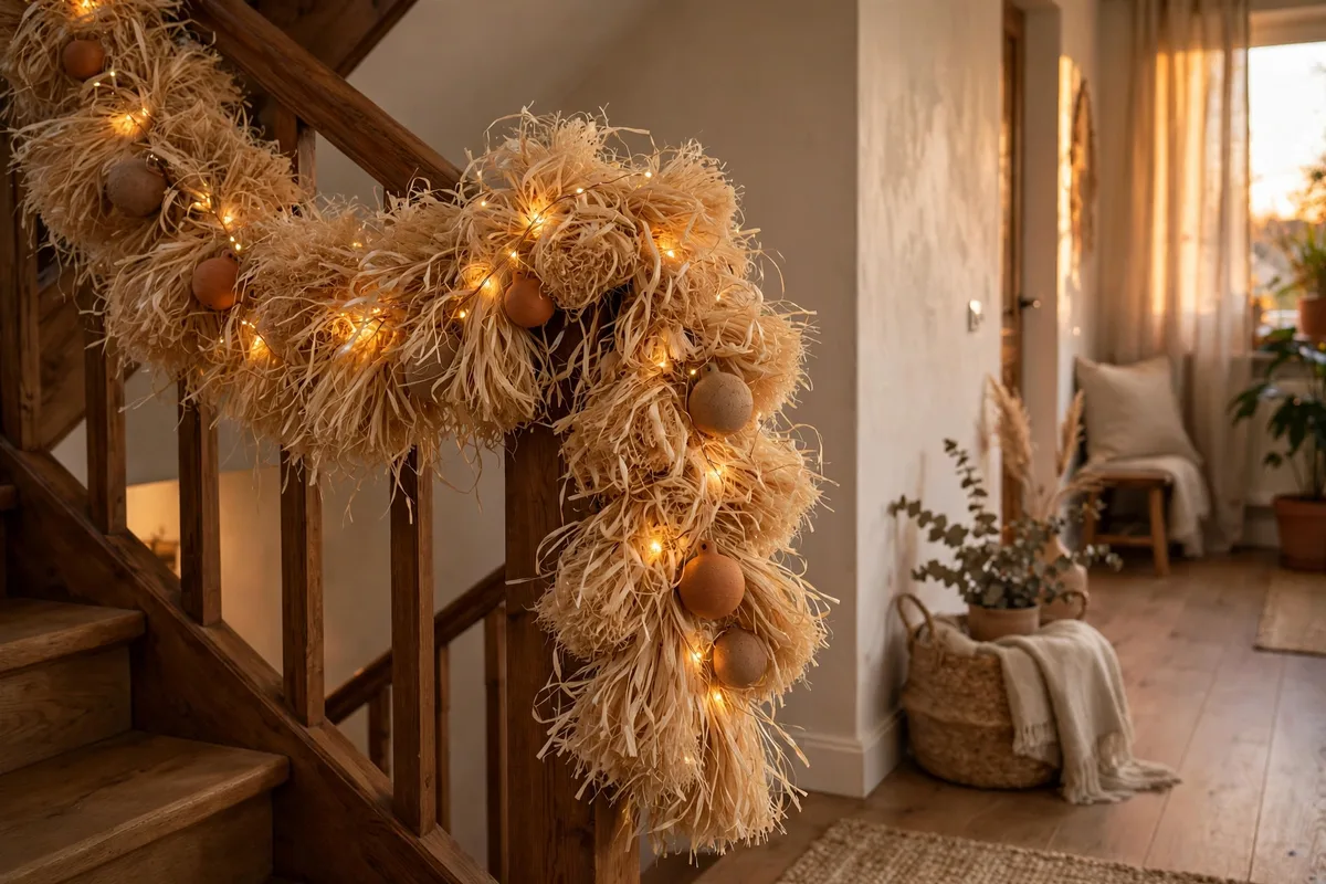 afrohemian christmas decor ideas raffia garland staircase