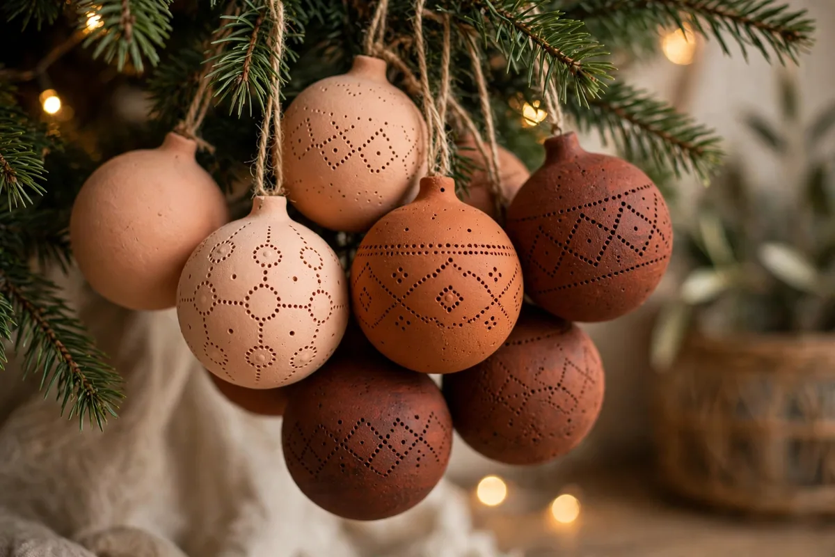 afrohemian christmas decor ideas terracotta baubles