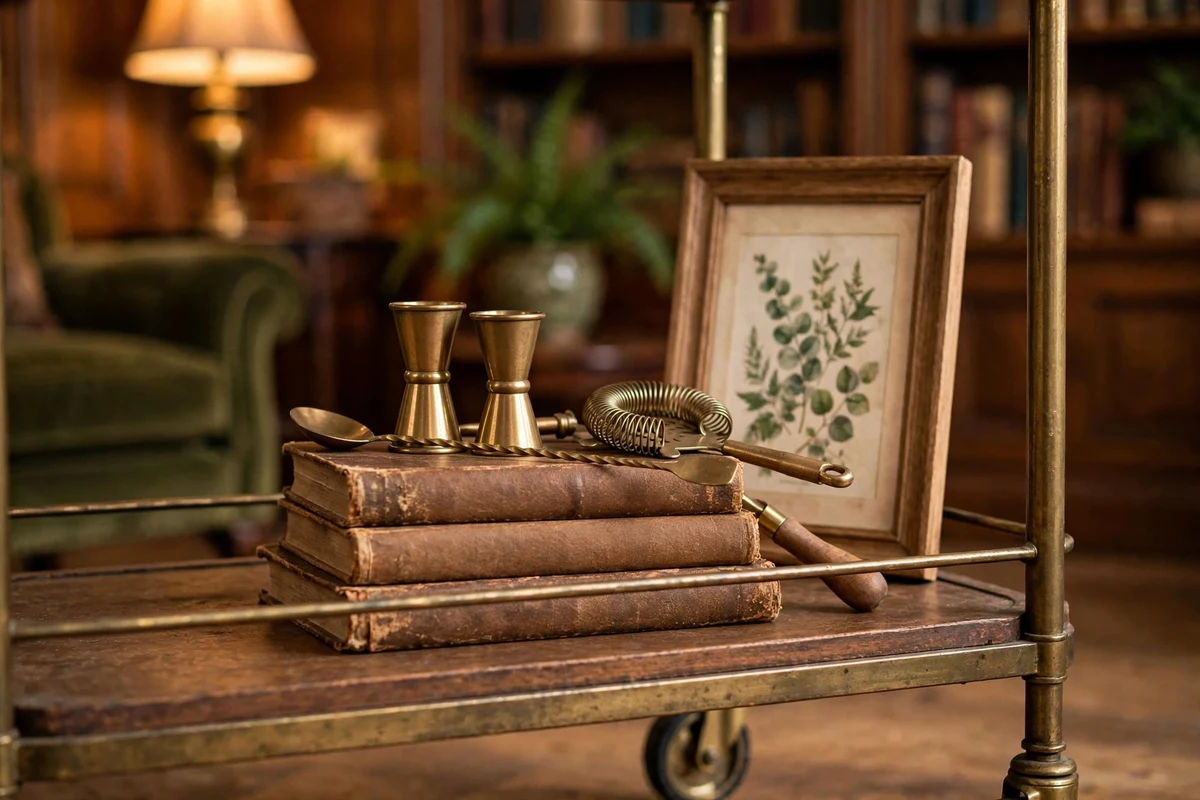 antique bar cart styling ideas books barware stack