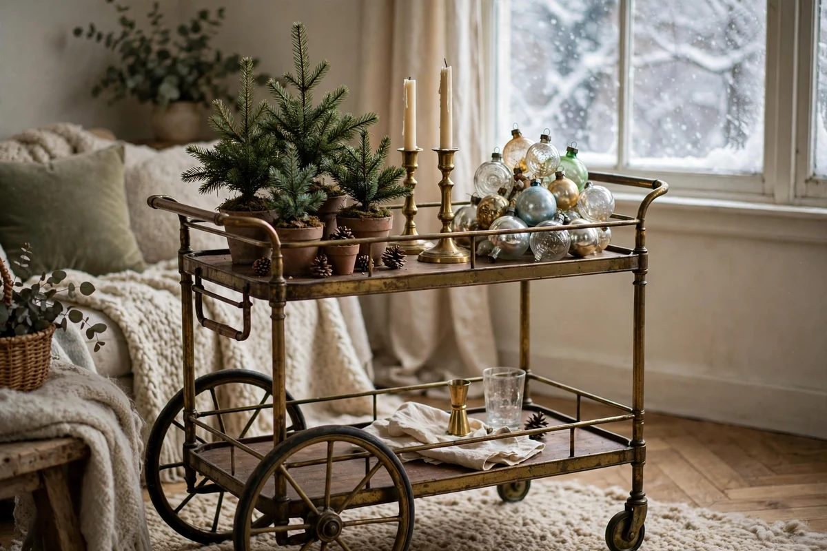 antique bar cart styling ideas evergreen candle vignette