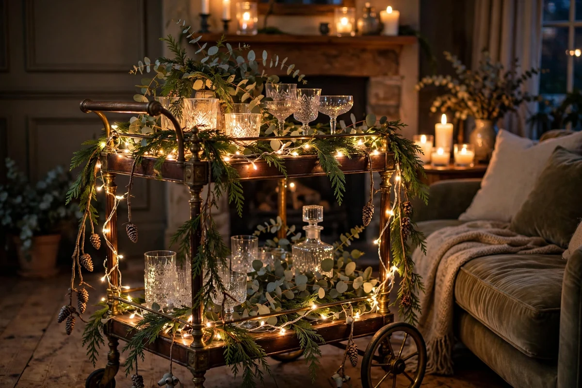 antique bar cart styling ideas fairy light greenery