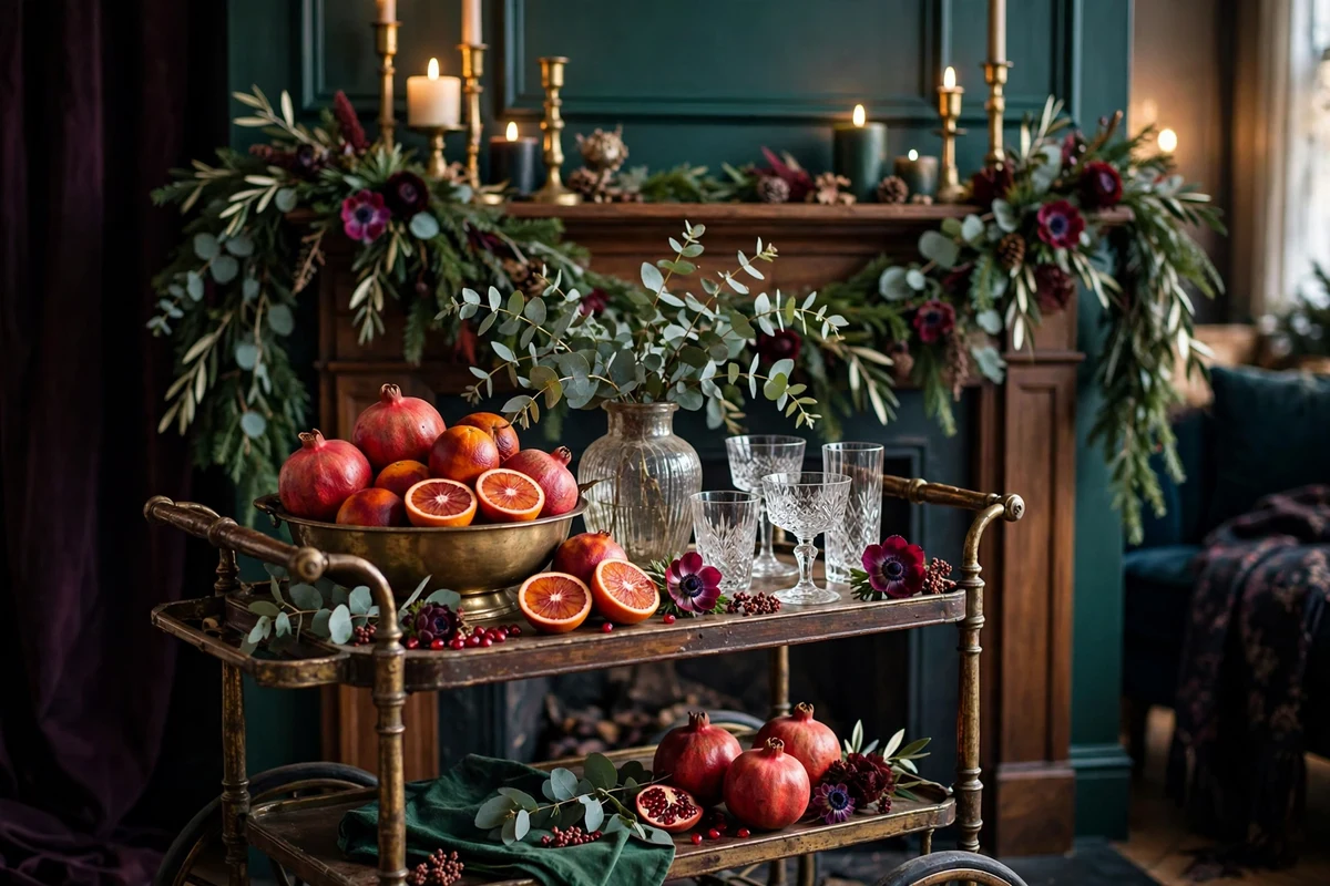antique bar cart styling ideas seasonal fruit floral