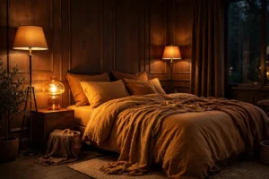 brown bedroom ideas amber glow lighting