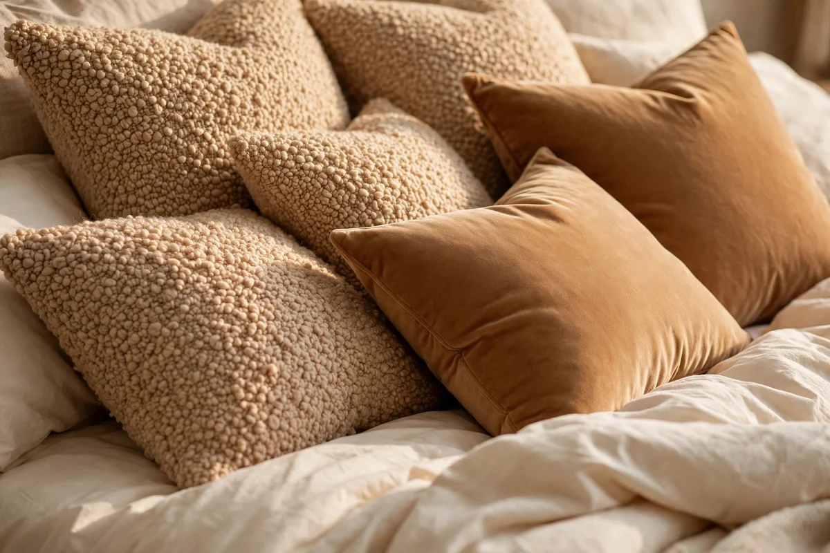 brown bedroom ideas tan boucle pillows