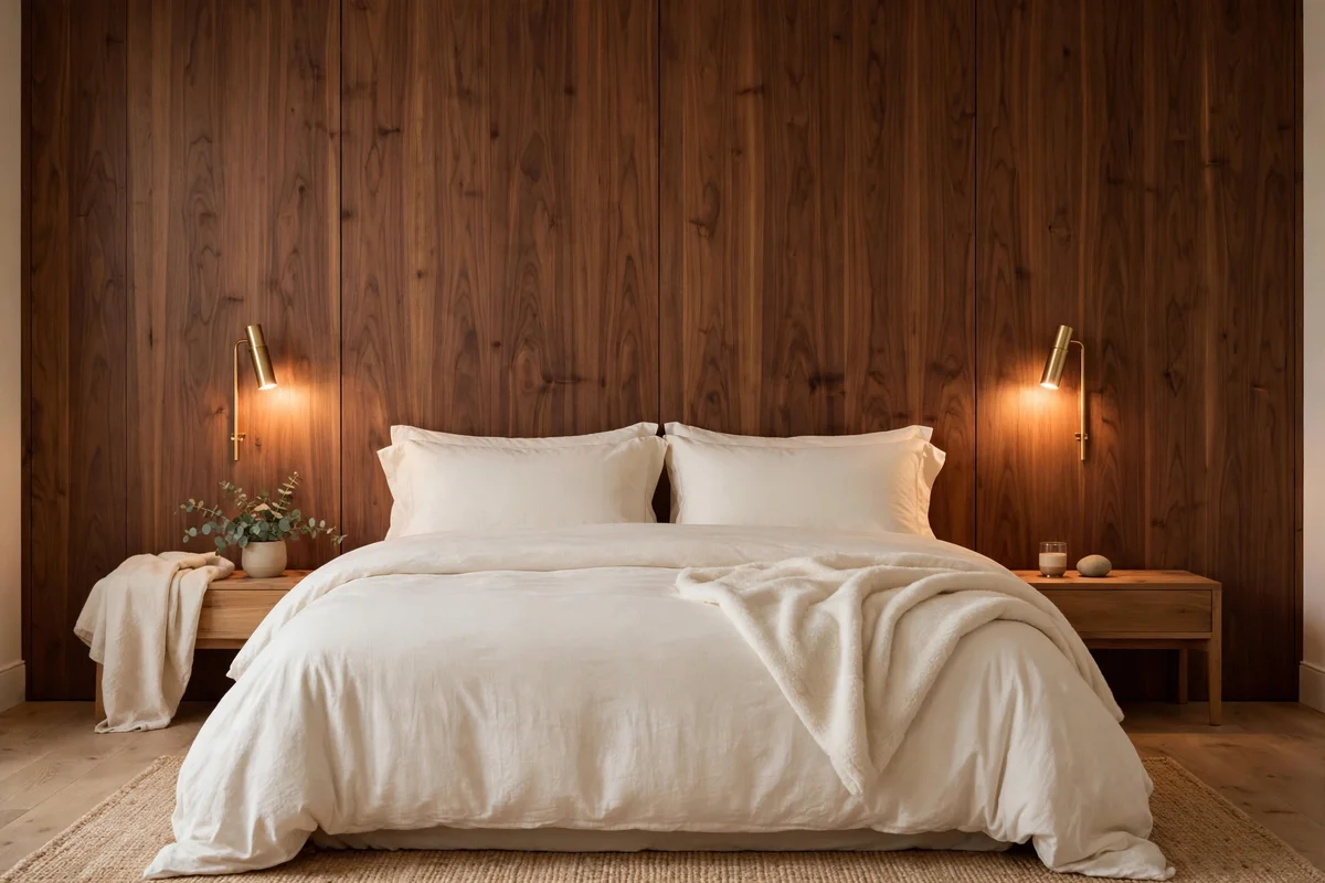 brown bedroom ideas walnut headboard wall