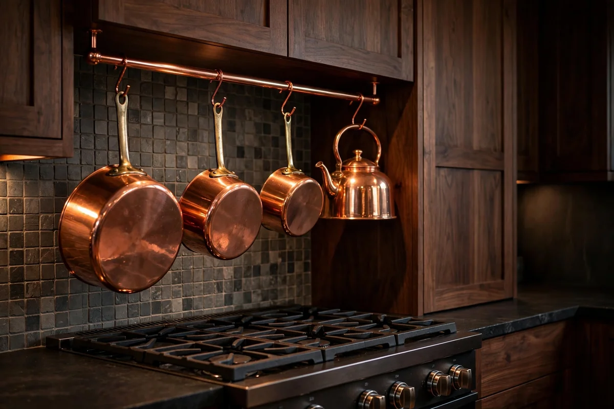 brown kitchen ideas copper pots