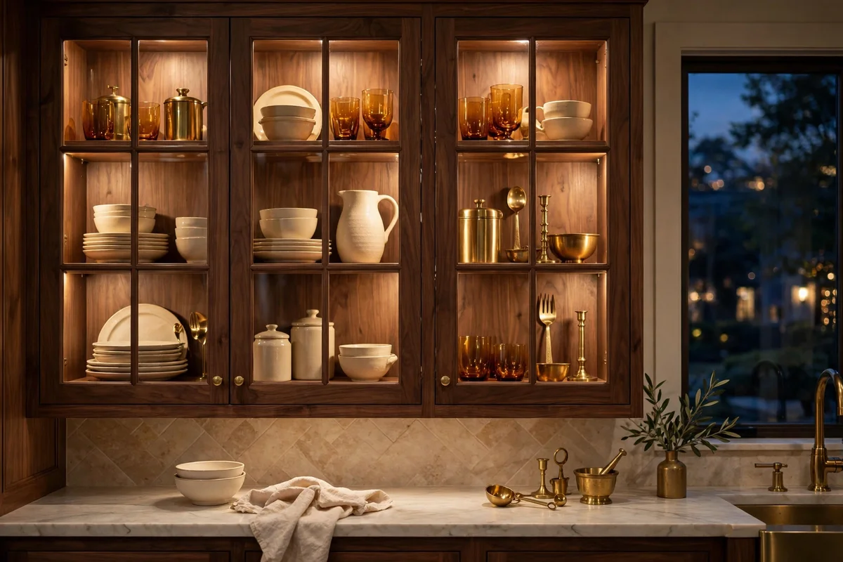 brown kitchen ideas glass cabinets