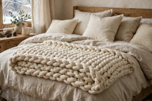 cozy winter bedroom bedding ideas chunky knit blanket foot