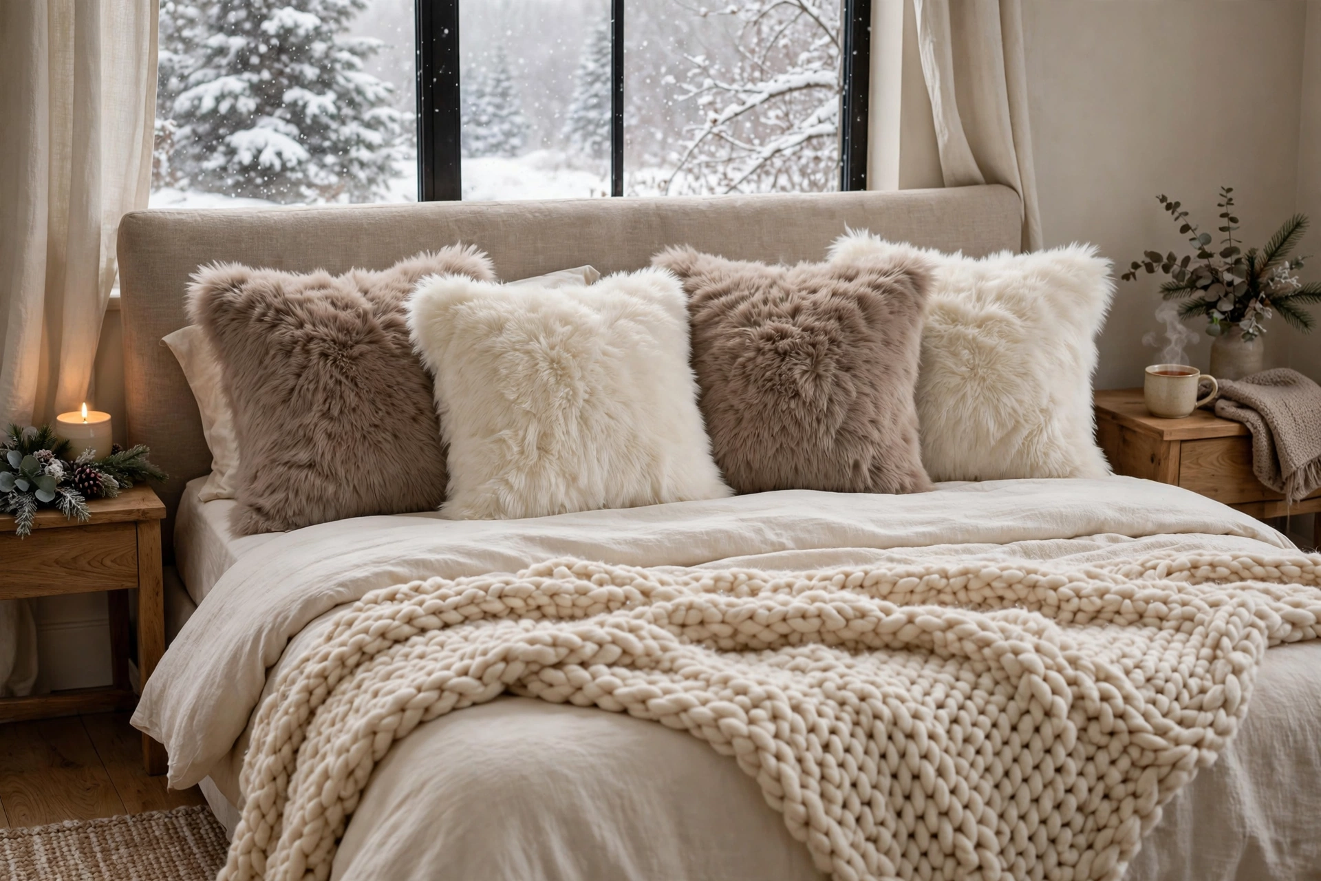 cozy winter bedroom bedding ideas faux fur throw pillows
