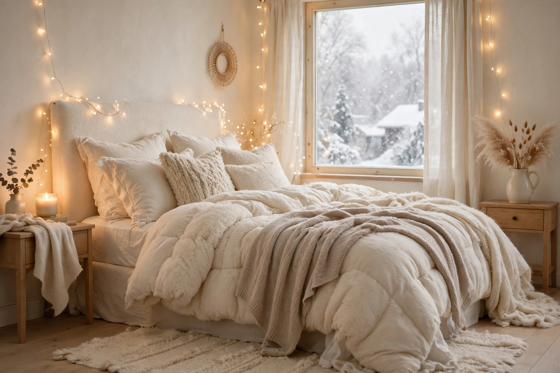 cozy winter bedroom bedding ideas fluffy neutral winter bedding