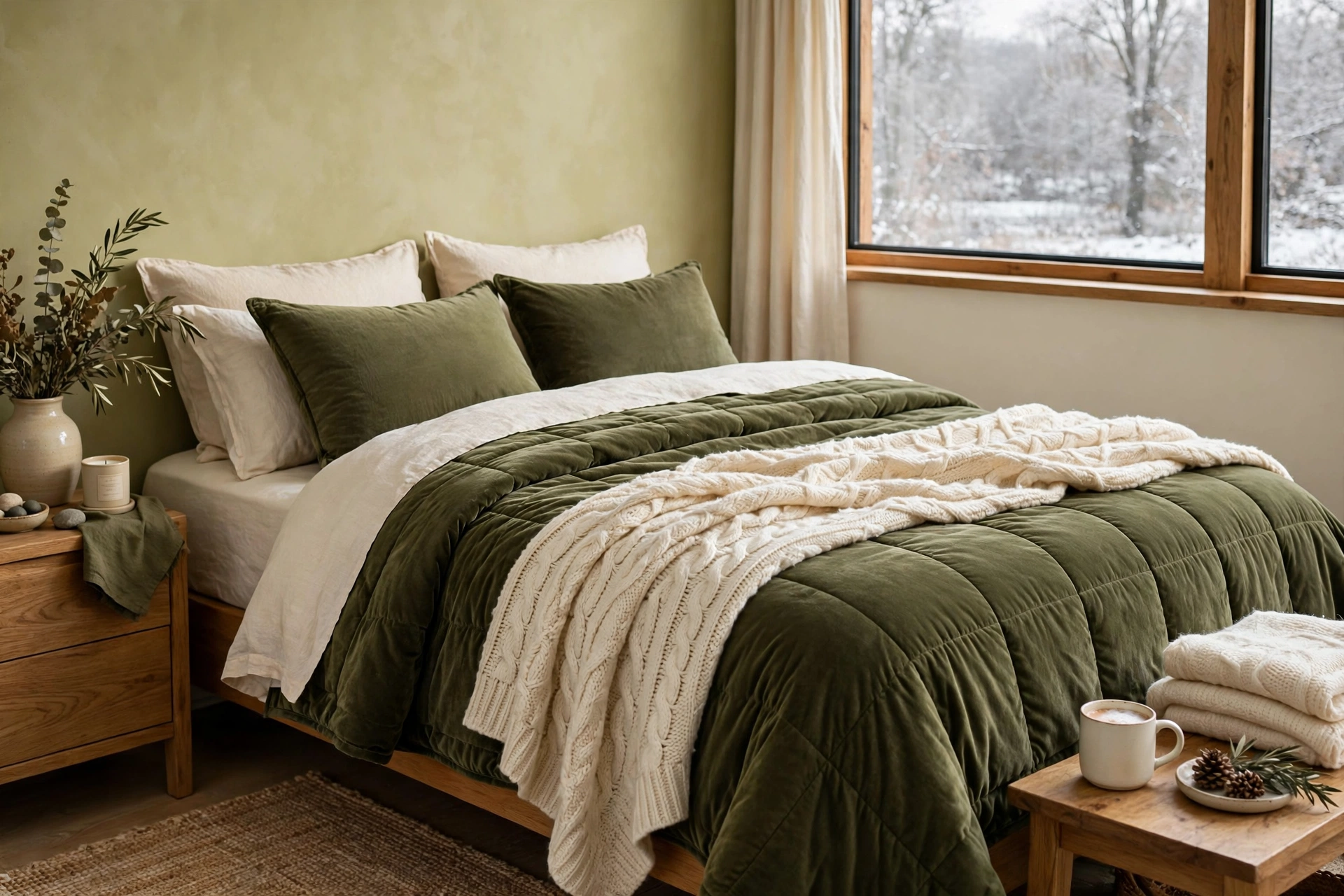 cozy winter bedroom bedding ideas olive green cream bedding