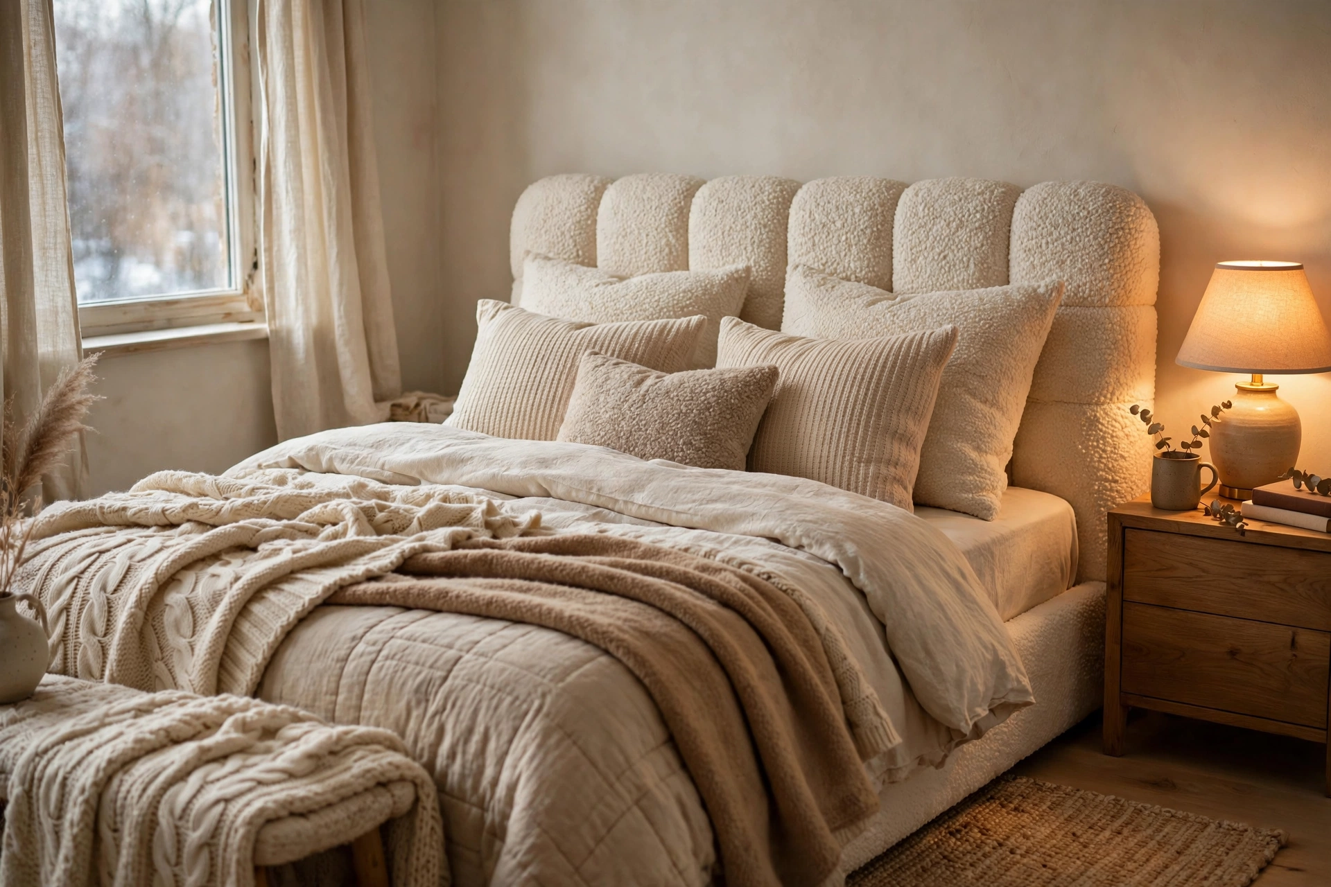 cozy winter bedroom bedding ideas textured boucle headboard