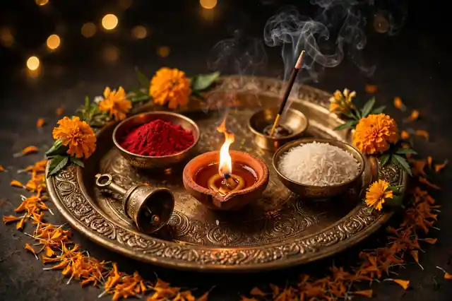 Decorated aarti thali with diya, flowers, kumkum and incense for Diwali puja