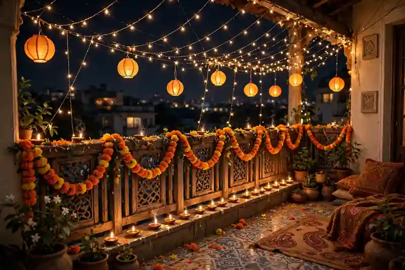 Balcony decorated with cascading fairy light curtains for Diwali