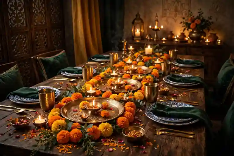 Festive Diwali dining table setting with marigolds candles and diyas