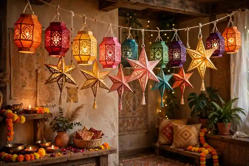Handmade DIY paper lanterns glowing for Diwali decoration