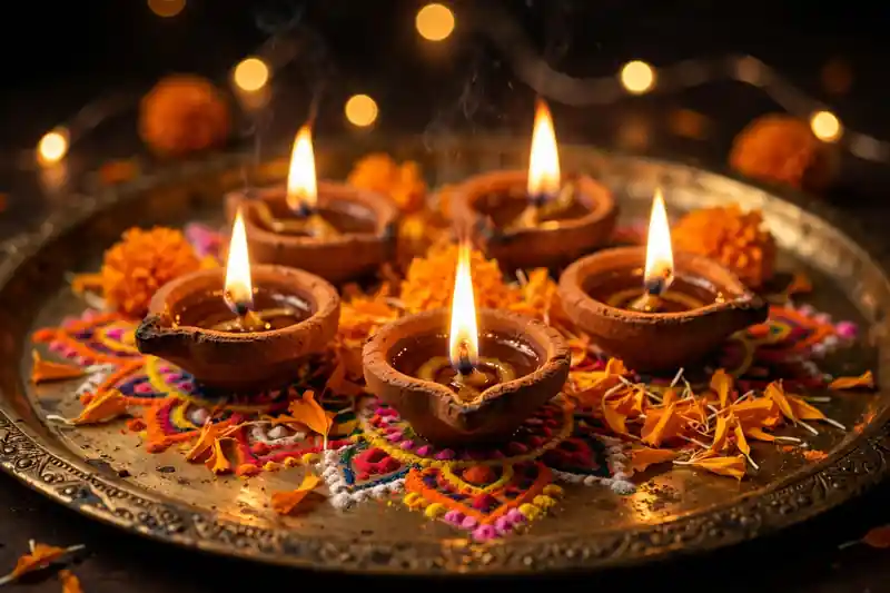 Close-up of glowing clay diyas arranged for Diwali Lakshmi Puja
