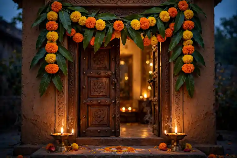 Traditional mango-leaf toran with marigold clusters hanging over a Diwali main door