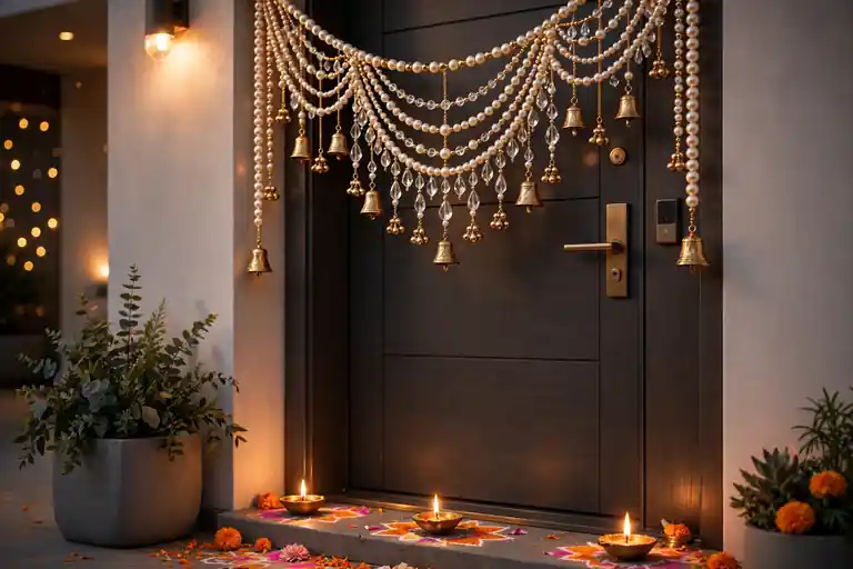 Elegant beaded and pearl toran with gold bells hanging on a modern Diwali door