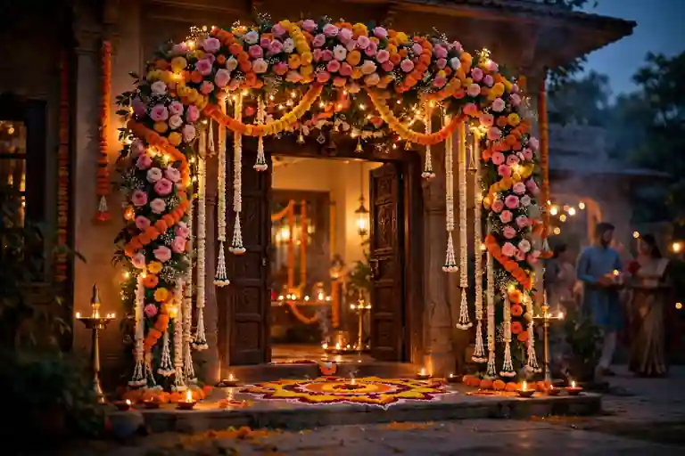 Grand floral arch of marigolds and roses spanning over a Diwali doorway