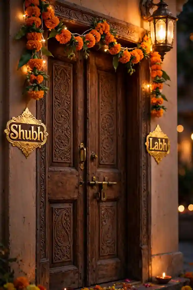 Gold Shubh Labh door stickers and decals flanking a decorated Diwali main door