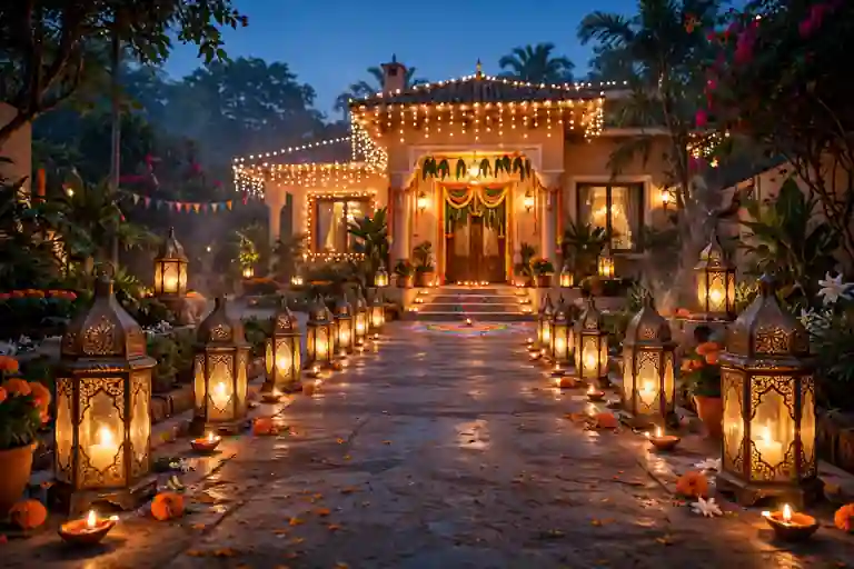 Glowing lanterns lining a Diwali driveway and walkway leading to a home entrance