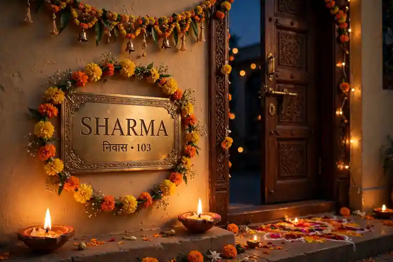 Personalised nameplate decorated with marigold garland and diyas for Diwali