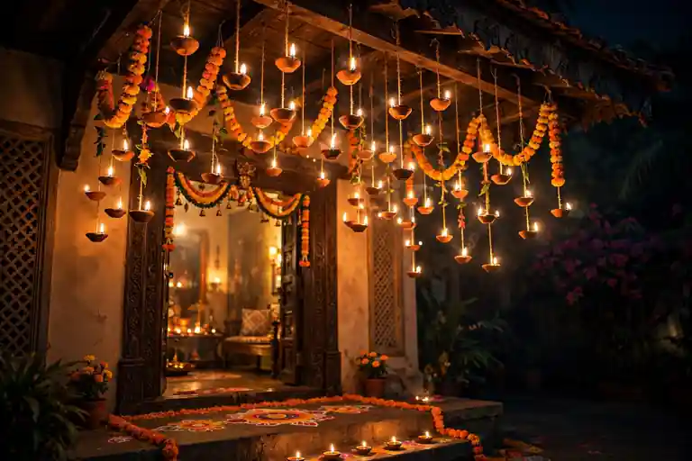 Clusters of hanging diyas glowing from a porch ceiling at a Diwali entrance