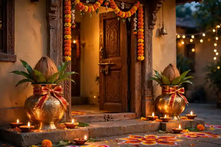 Decorative brass kalash with coconut and mango leaves flanking a Diwali main door