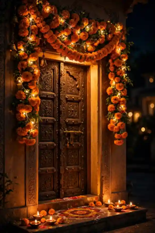 Festive toran with warm fairy lights woven through marigold flowers on a Diwali door