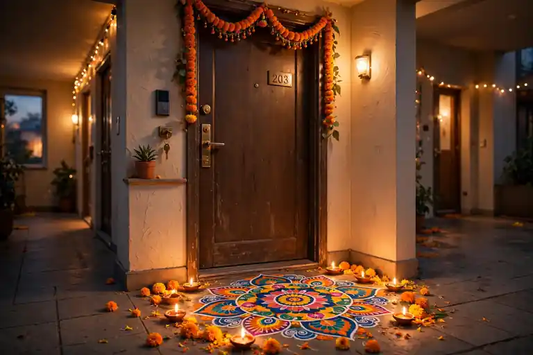 Rangoli decal sticker laid at an apartment door entrance with diyas for Diwali