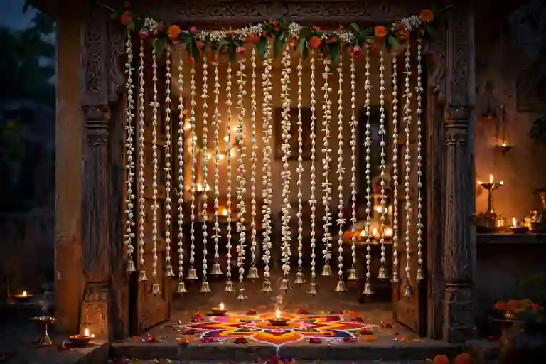 Fragrant white jasmine door curtains hanging across a Diwali home entrance