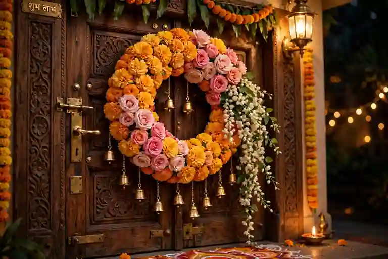 Grand floral wreath of marigolds and roses hanging on a Diwali main door