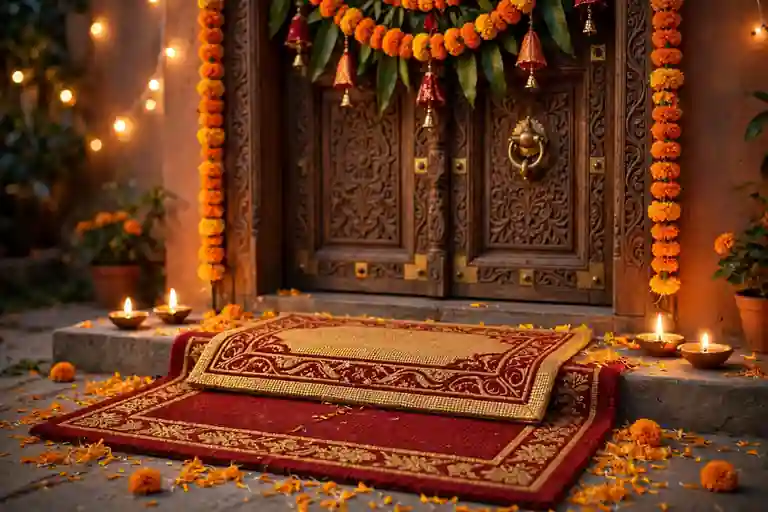 Layered festive doormats in red and gold at a Diwali home entrance